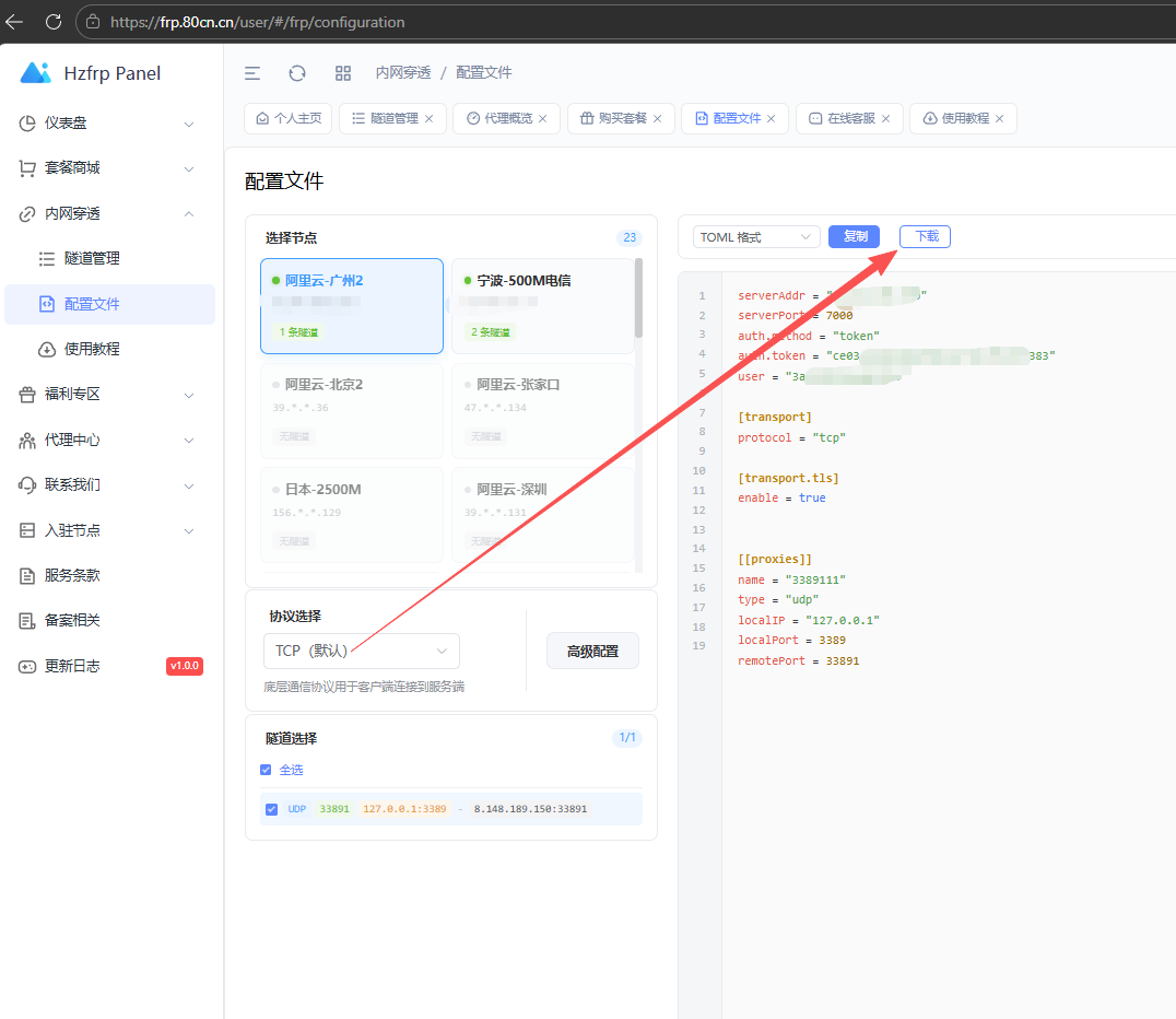 将后台中的配置文件下载并上传到/Docker/frpc/中,没有的化自行创建,如/Docker/frpc/frpc.toml 为例